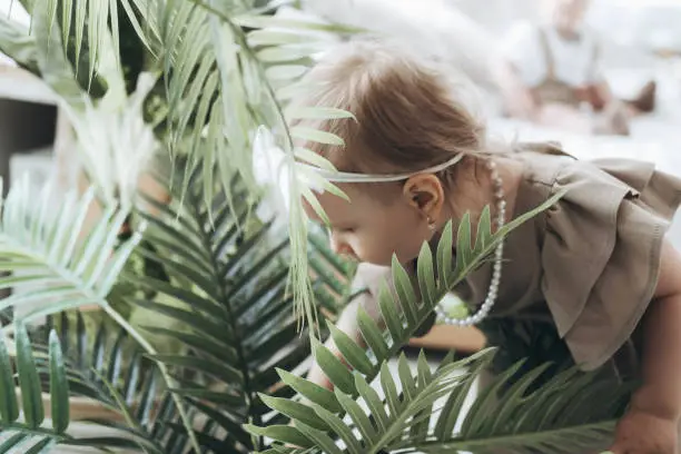 baby-girl-behind-palm-tree-against-blurred-little-boy